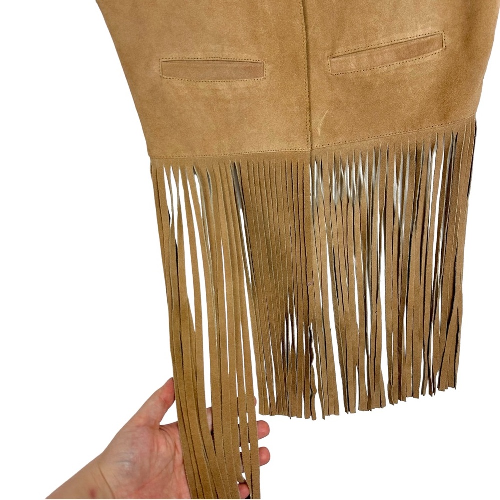 Genuine Leather Suede Boho Western Fringe Open Cropped Vest Tan Festival Rodeo - Picture 3 of 9